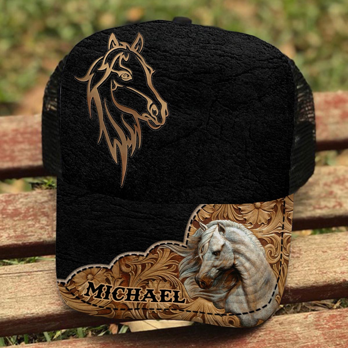 Casquette de camionneur personnalisée « Love Horses » (maille noire)
