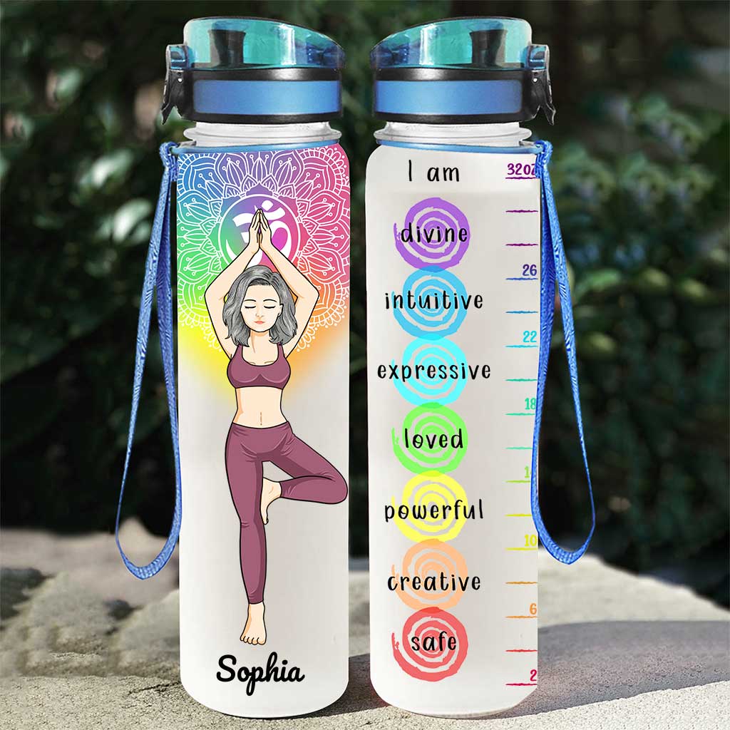 I Am Divine Intuitive Expressive Loved - Personalized Yoga Water Tracker Bottle