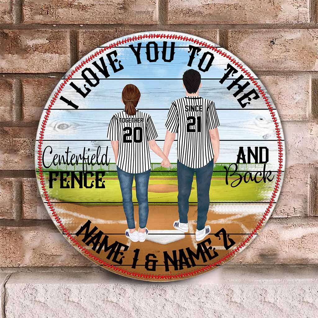 Je t'aime jusqu'au bout du terrain et retour - Panneau rond en bois personnalisé sur le thème du baseball