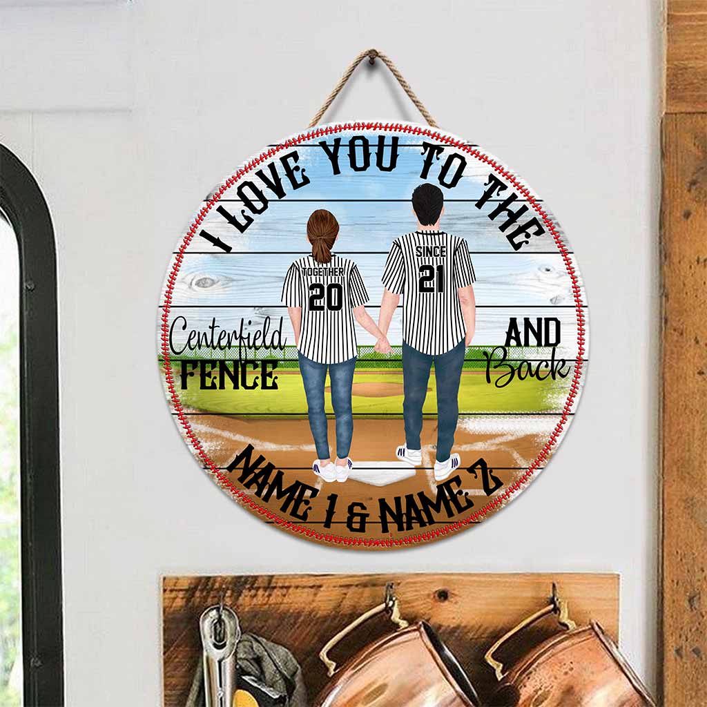 Je t'aime jusqu'au bout du terrain et retour - Panneau rond en bois personnalisé sur le thème du baseball