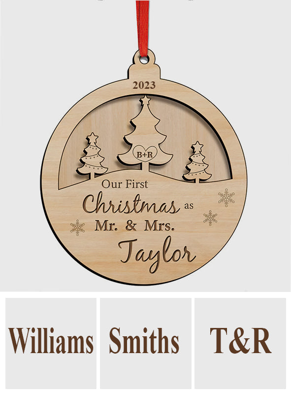 Our First Christmas As Mr & Mrs - Personalized Husband And Wife 2 Layered Wooden Ornament