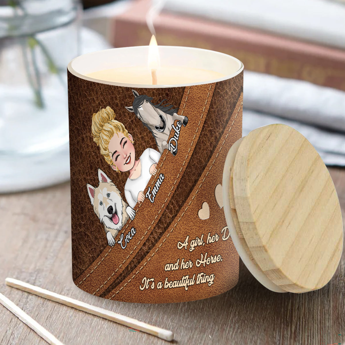 Was für ein schönes Ding – personalisierte Pferdekerze mit Holzdeckel