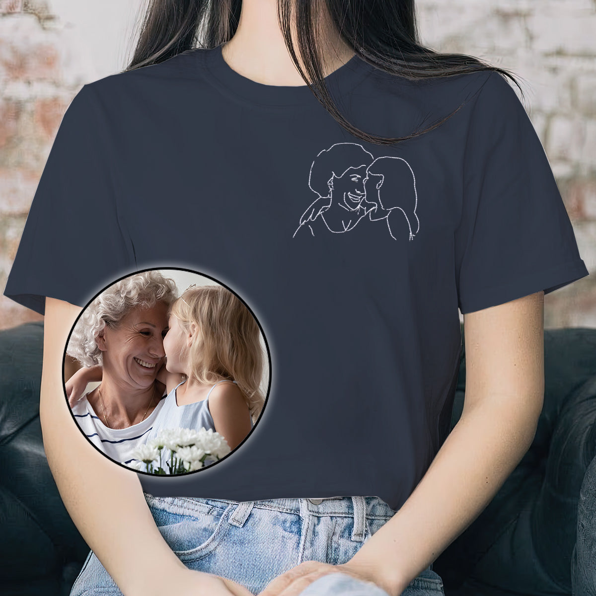 T-shirt brodé personnalisé « Grand-mère » avec motif au trait