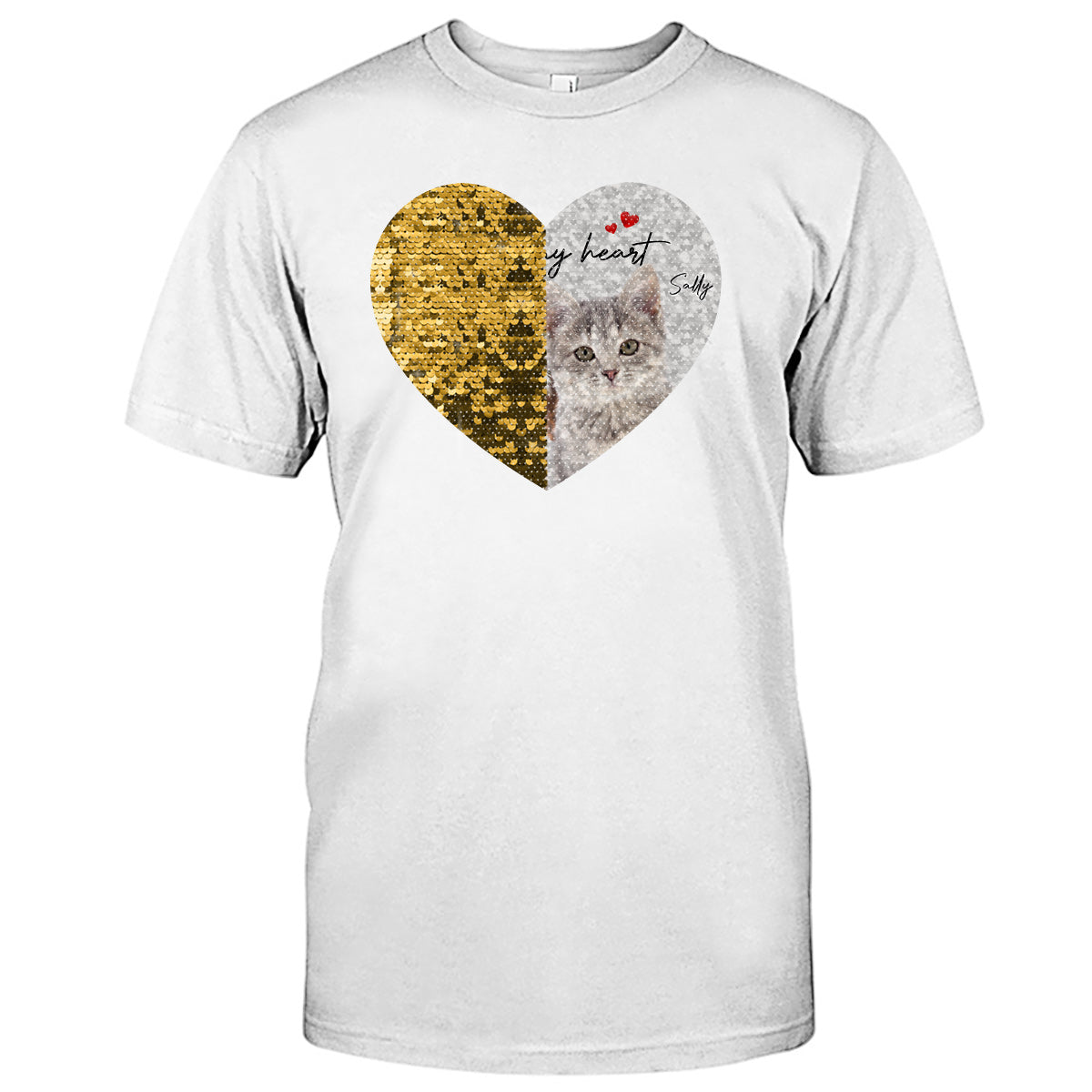 Für immer in meinem Herzen – Personalisiertes Foto von Hund & Katze – Geschenk für Hunde- und Katzenliebhaber – Pailletten-T-Shirt