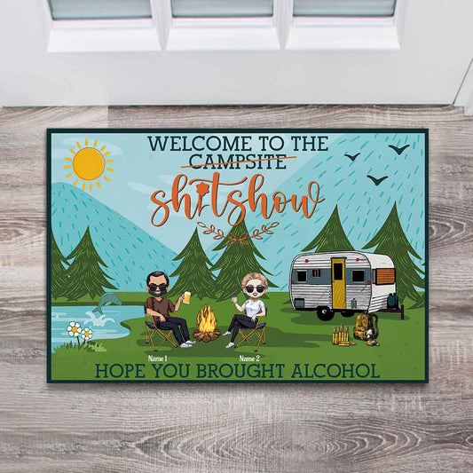 Welcome To The Shitshow Brought Alcohol - Personalized Camping Doormat