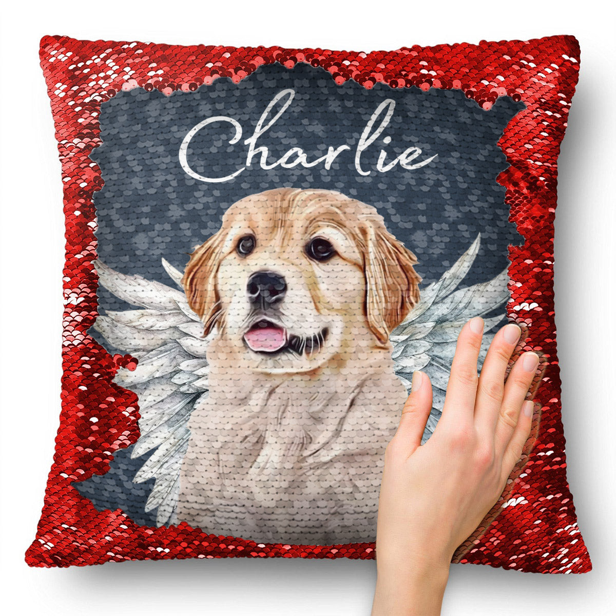 Engelsflügel für Hunde und Katzen – Geschenk für Hunde- und Katzenliebhaber, für Trauernde nach einem Hunde- oder Katzenverlust – Personalisierter Pailletten-Kissenbezug 