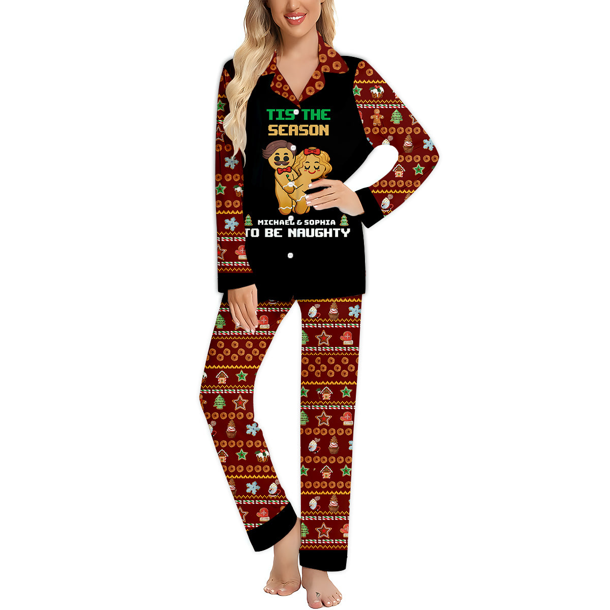 Tis The Season To Be Naughty - Personalized Couple Button Down Pajamas
