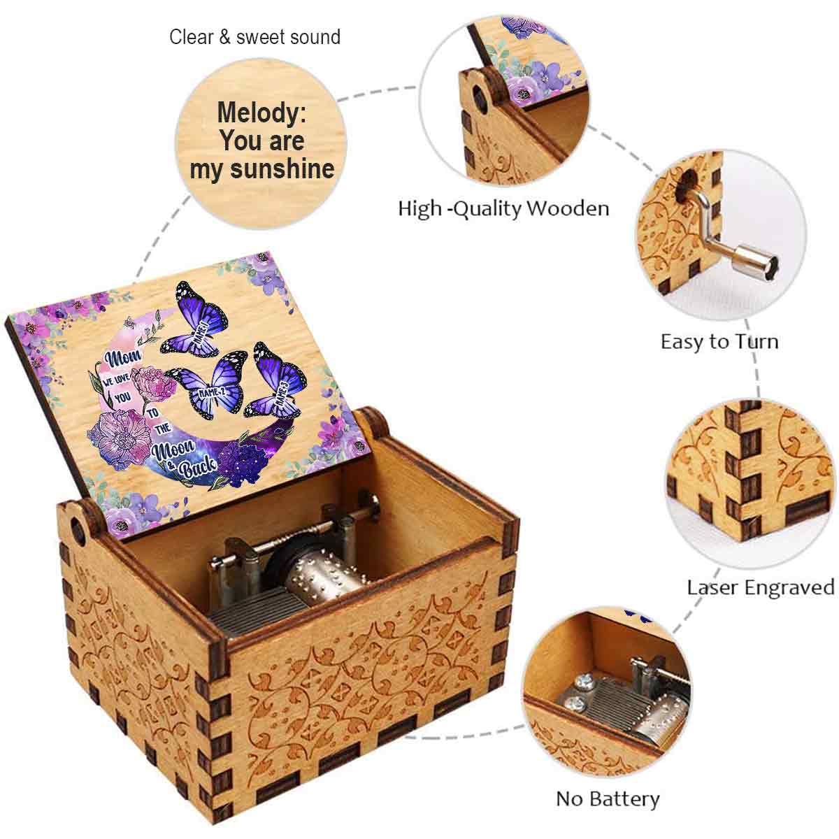 I Love You To The Moon And Back - Personalized Mother's Day Mother Hand Crank Music Box