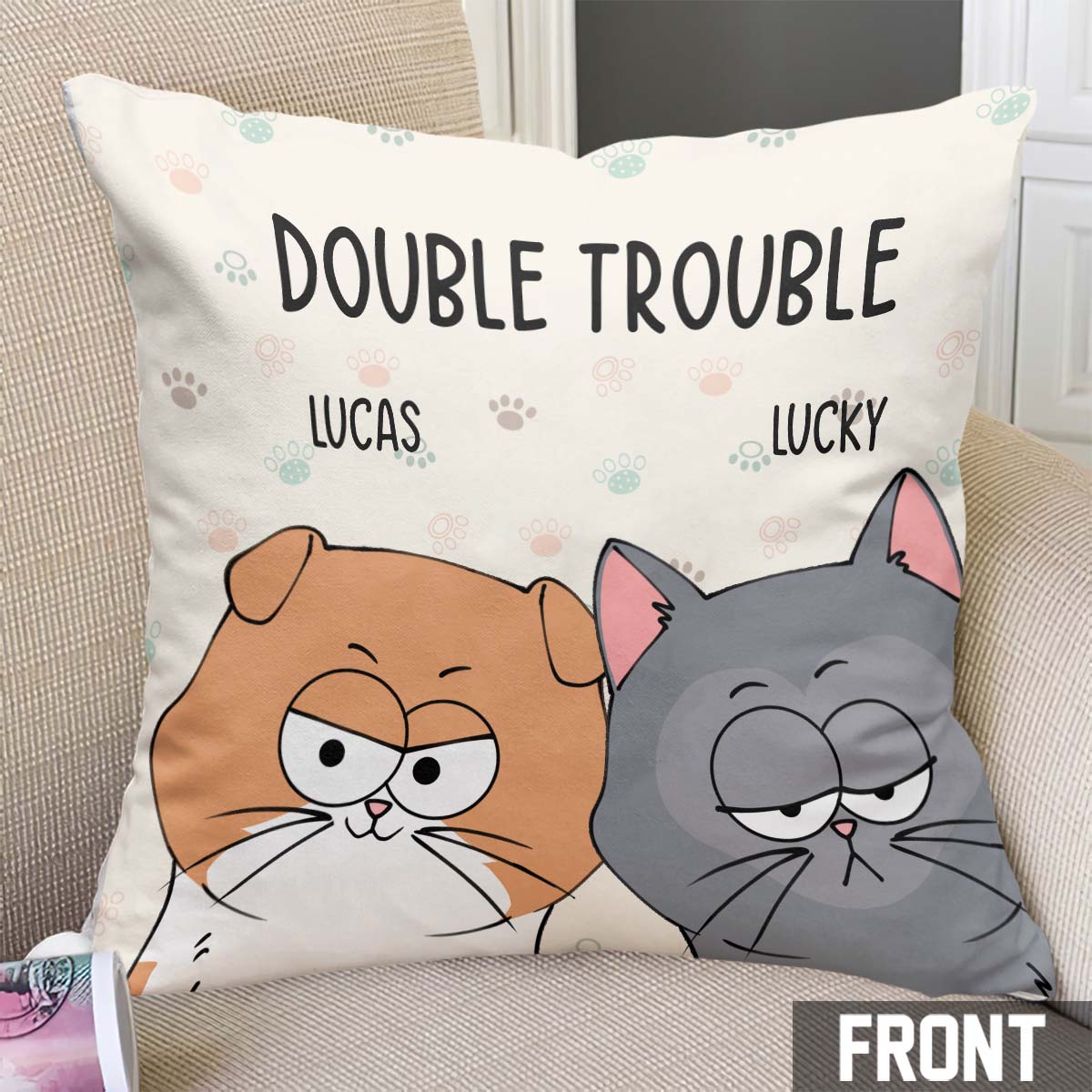 Coussin décoratif personnalisé Double Trouble pour chat