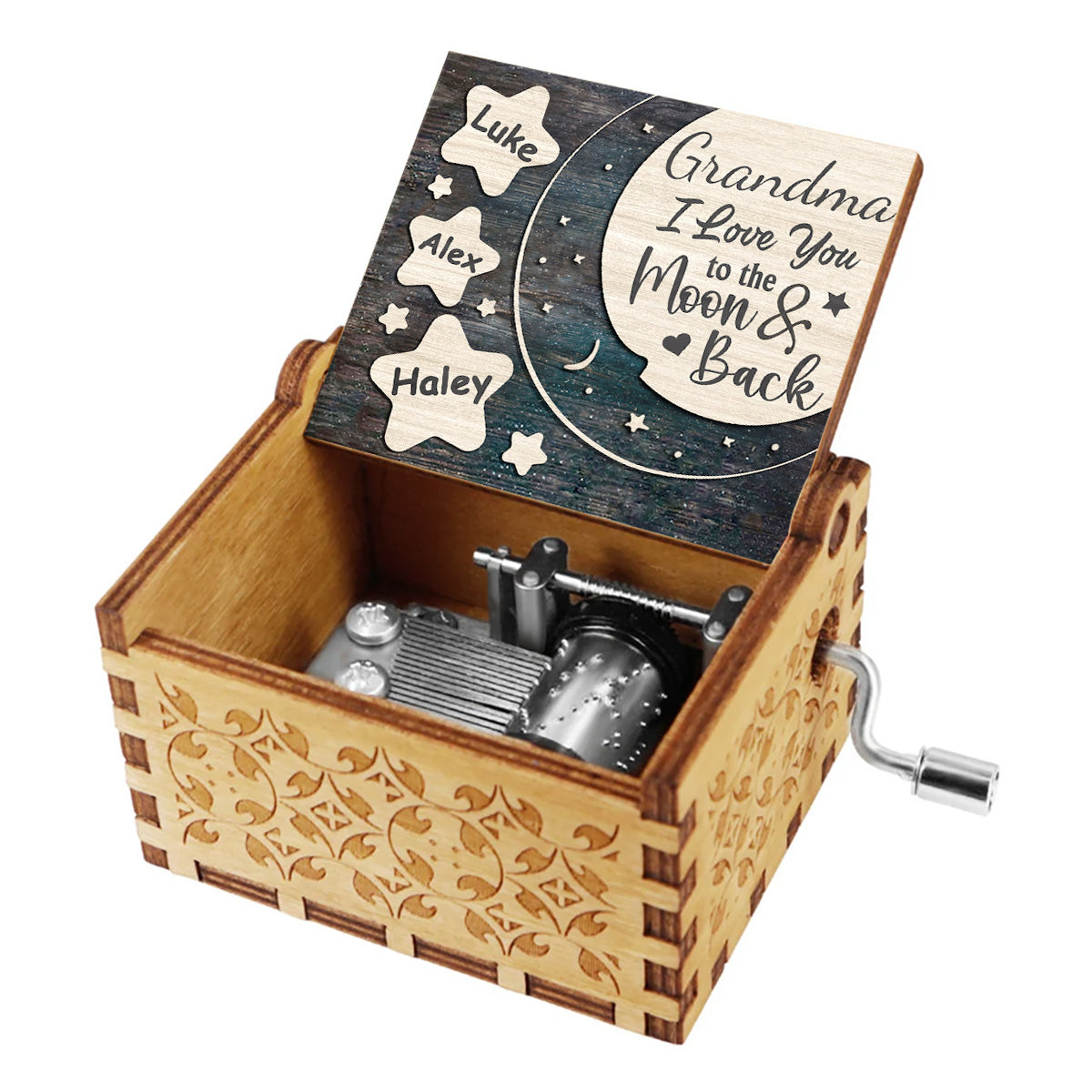 I Love You To The Moon And Back - Gift for mom, grandma, dad, grandpa - Personalized Hand Crank Music Box