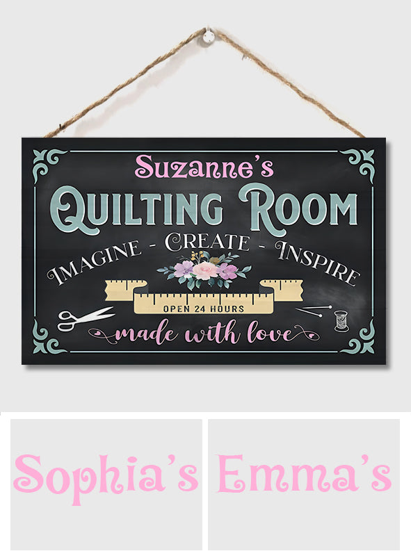 Quiltzimmer – Personalisiertes rechteckiges Holzschild zum Thema Quilten