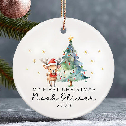 Premier Noël de bébé - Ornement rond en céramique personnalisé pour enfant