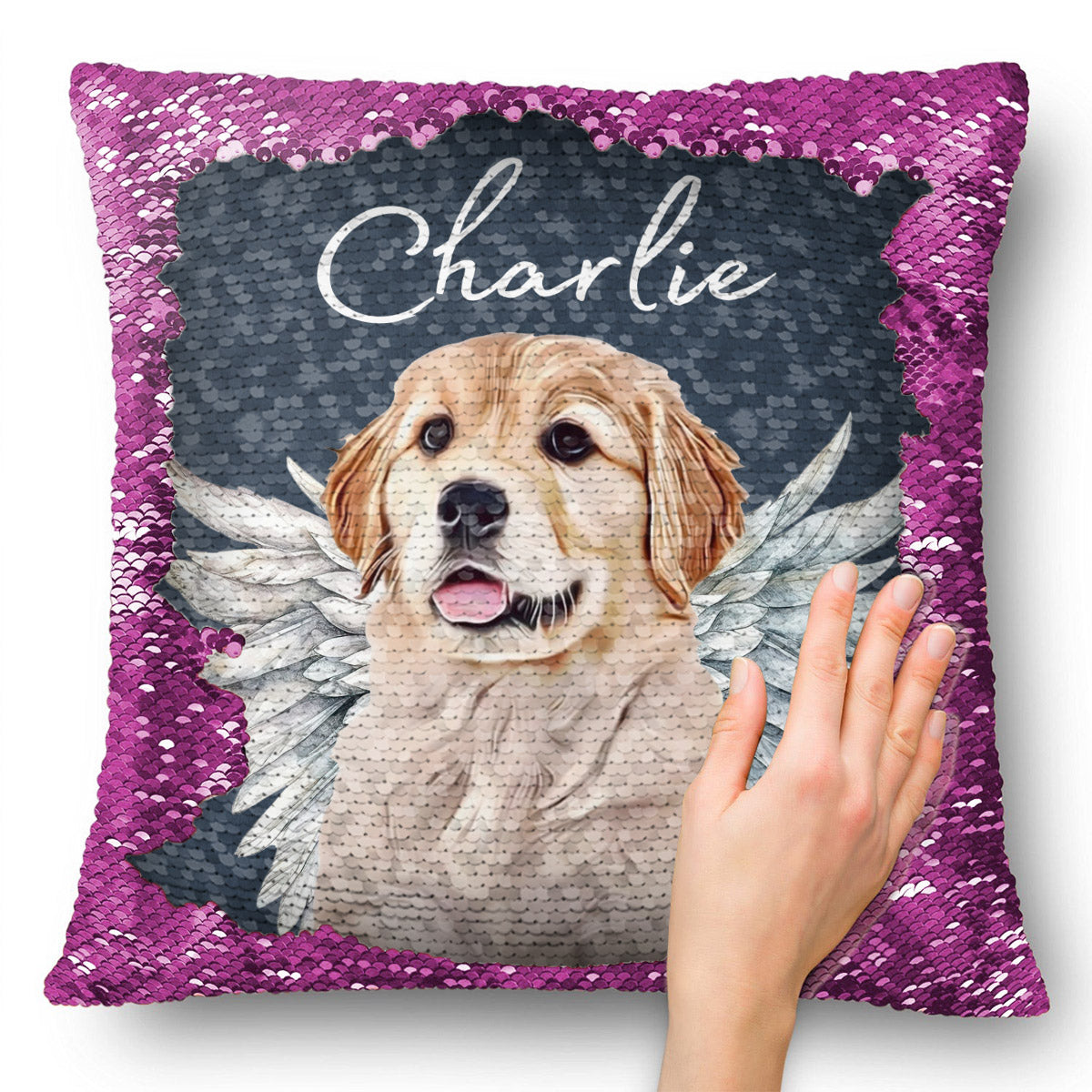 Engelsflügel für Hunde und Katzen – Geschenk für Hunde- und Katzenliebhaber, für Trauernde nach einem Hunde- oder Katzenverlust – Personalisierter Pailletten-Kissenbezug 