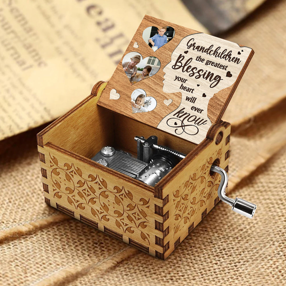 Le plus beau cadeau - Boîte à musique à manivelle personnalisée pour grand-mère ou maman