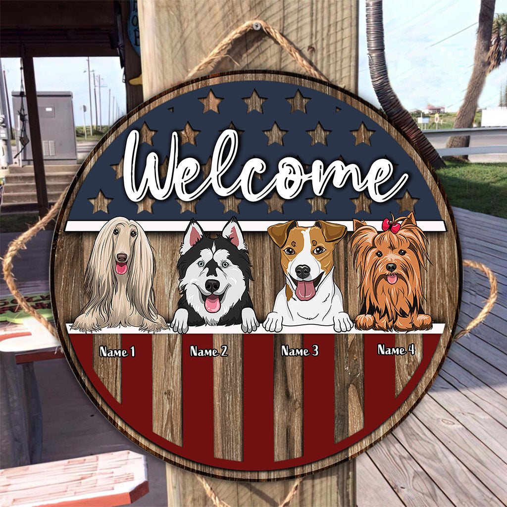 Bienvenue - Panneau rond en bois personnalisé pour chien, jour de l'Indépendance
