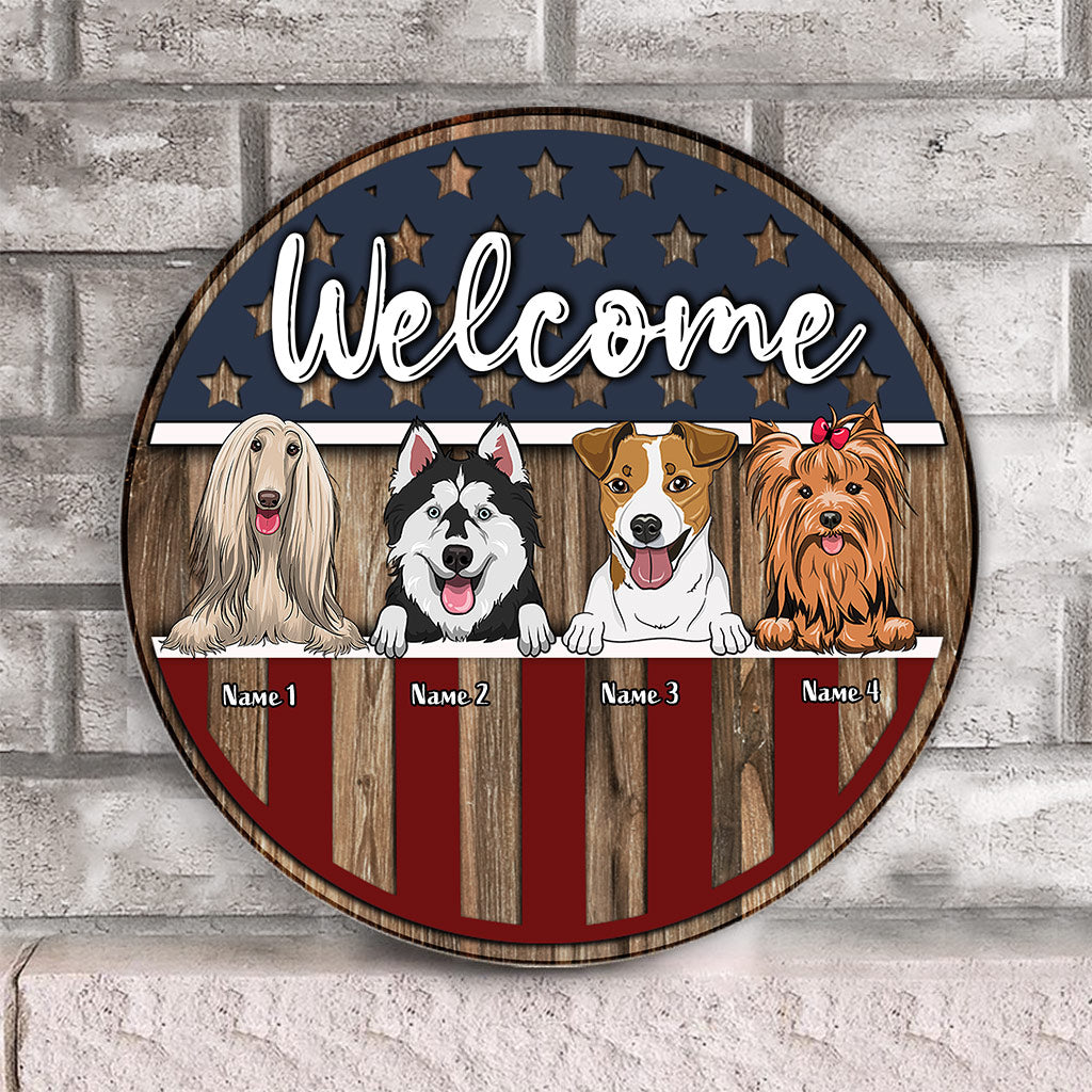Bienvenue - Panneau rond en bois personnalisé pour chien, jour de l'Indépendance