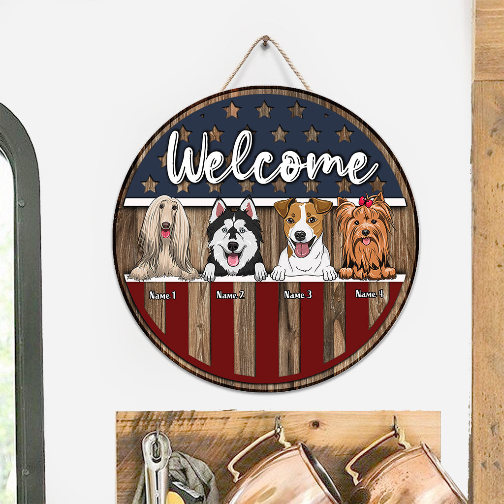 Bienvenue - Panneau rond en bois personnalisé pour chien, jour de l'Indépendance