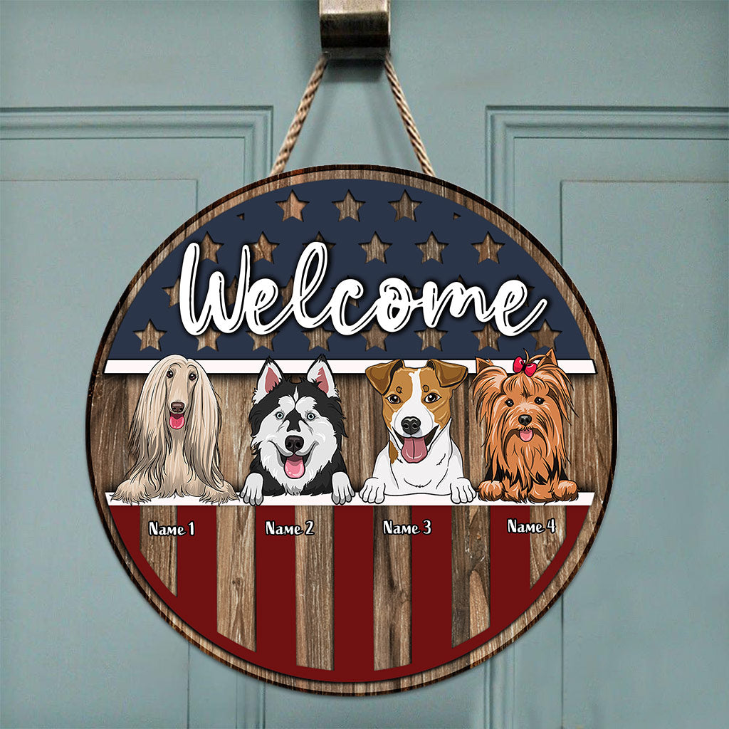 Bienvenue - Panneau rond en bois personnalisé pour chien, jour de l'Indépendance