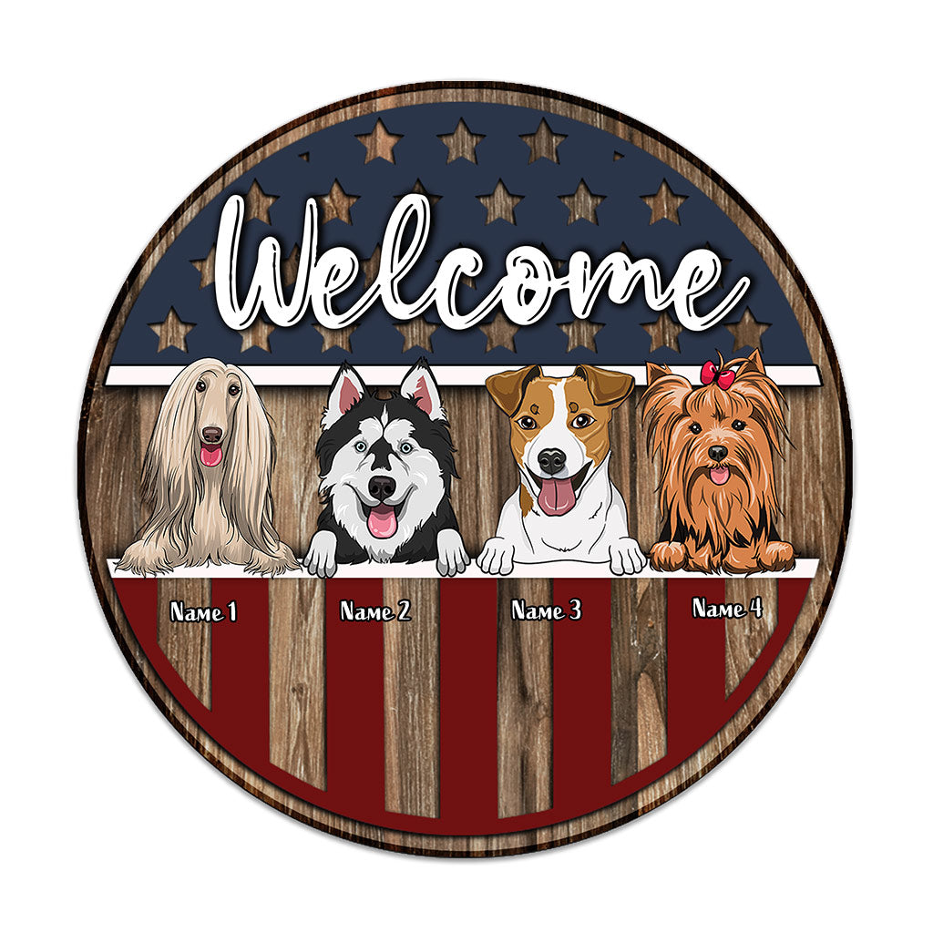 Bienvenue - Panneau rond en bois personnalisé pour chien, jour de l'Indépendance