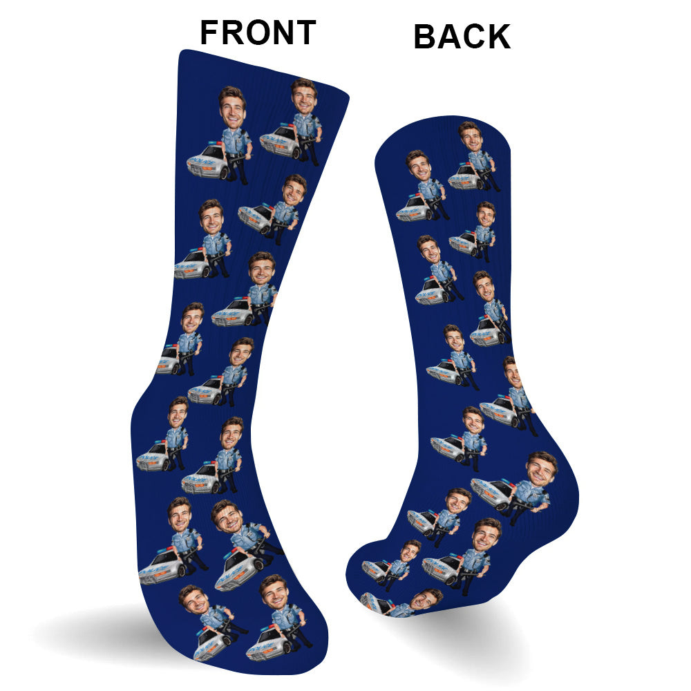 Cartoon-Foto eines Polizisten – Personalisierte Socken mit Polizeimotiv