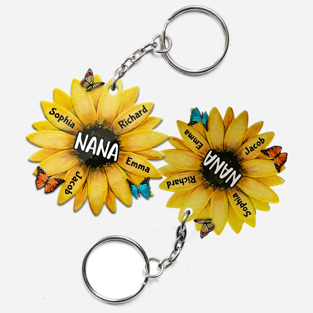 Grandma Sunflower - Personalized Mother's Day Grandma Keychain (Printed On Both Sides)