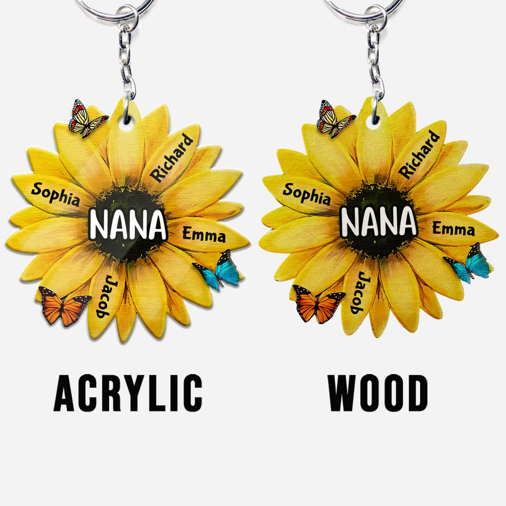Grandma Sunflower - Personalized Mother's Day Grandma Keychain (Printed On Both Sides)