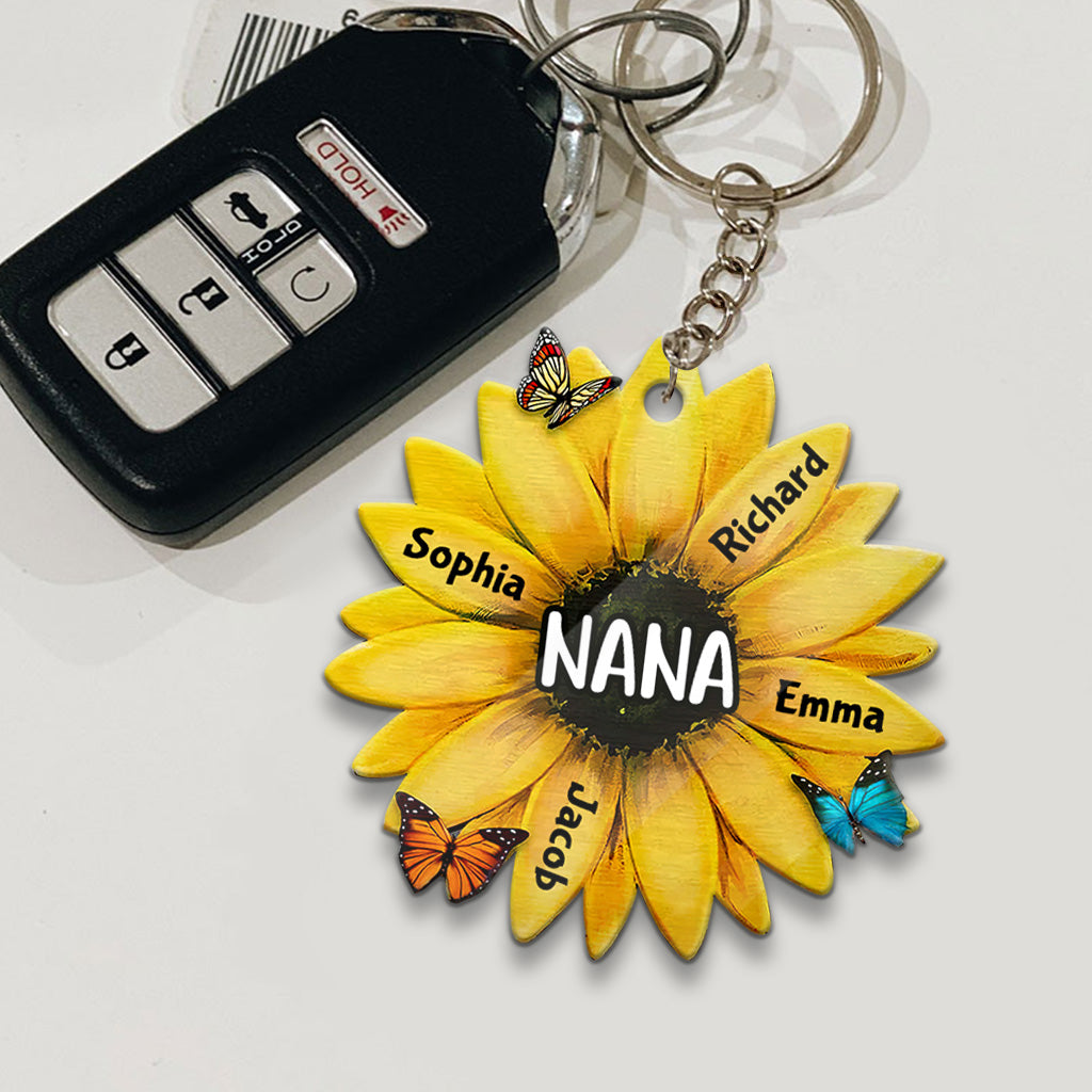Grandma Sunflower - Personalized Mother's Day Grandma Keychain (Printed On Both Sides)