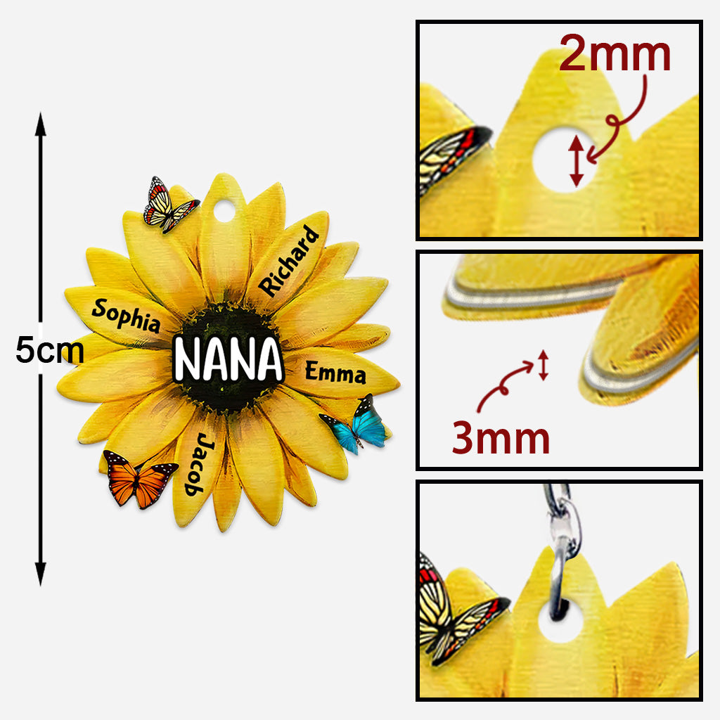Grandma Sunflower - Personalized Mother's Day Grandma Keychain (Printed On Both Sides)