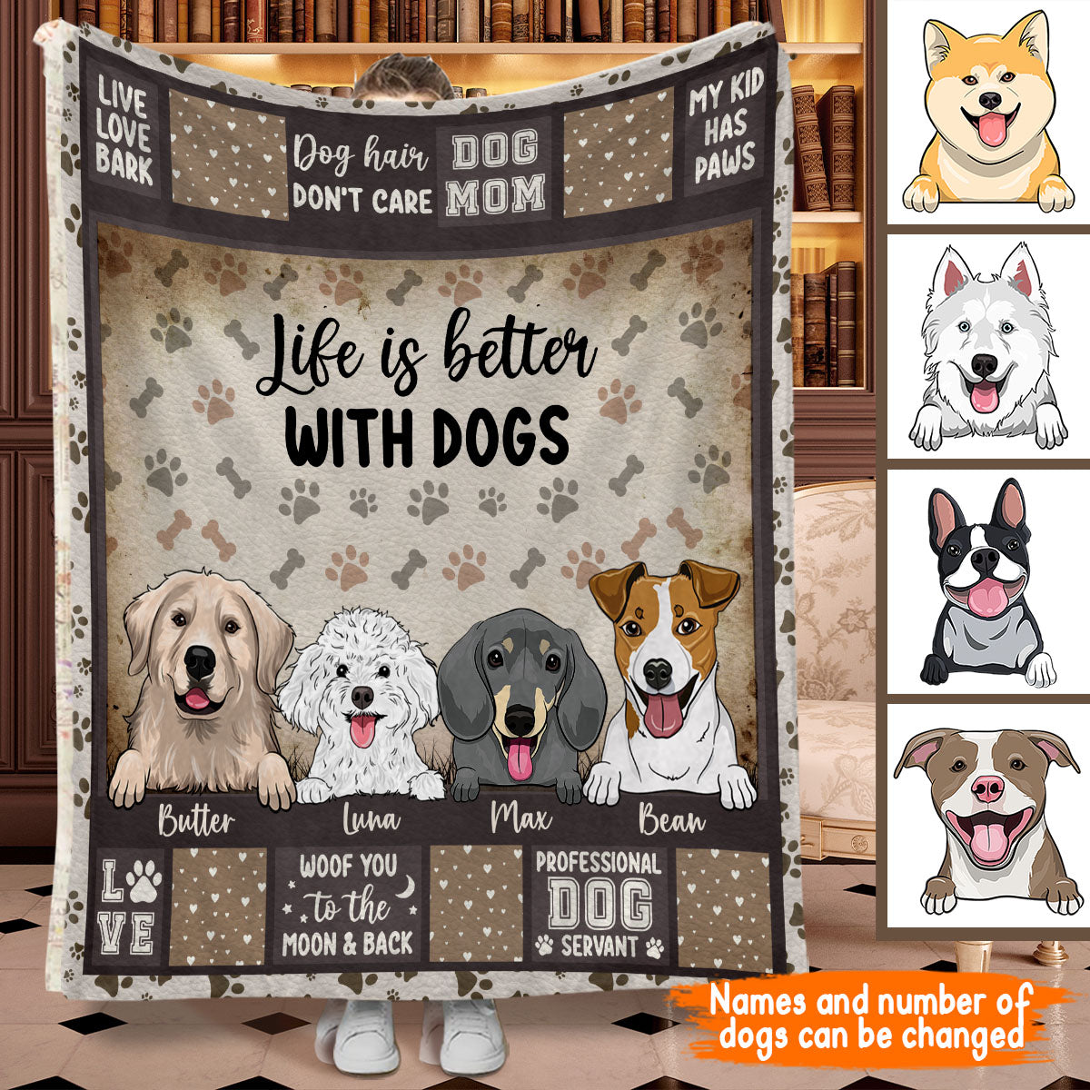 Das Leben ist schöner mit Hunden – Geschenk für Hundeliebhaber – Personalisierte Decke