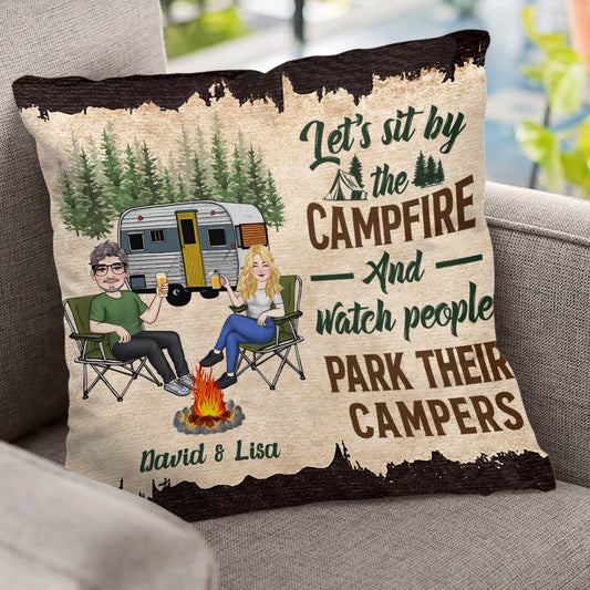 Coussin décoratif de camping personnalisé « Asseyons-nous près du feu de camp »