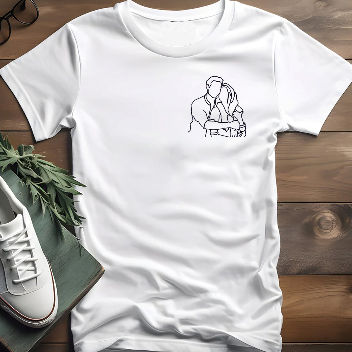 Custom Line Art - Personalized Couple Embroidered T-shirt
