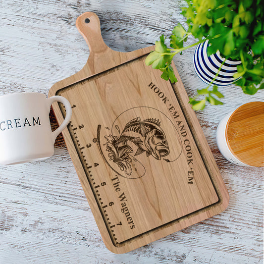 Hook 'Em And Cook 'Em - Fishing gift for dad, him, husband - Personalized Cutting Board