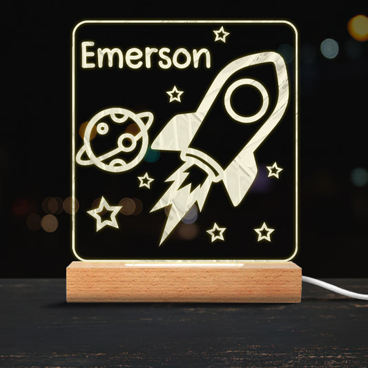Rocket Night – Personalisierte, neugeborenenförmige Leuchtplatte