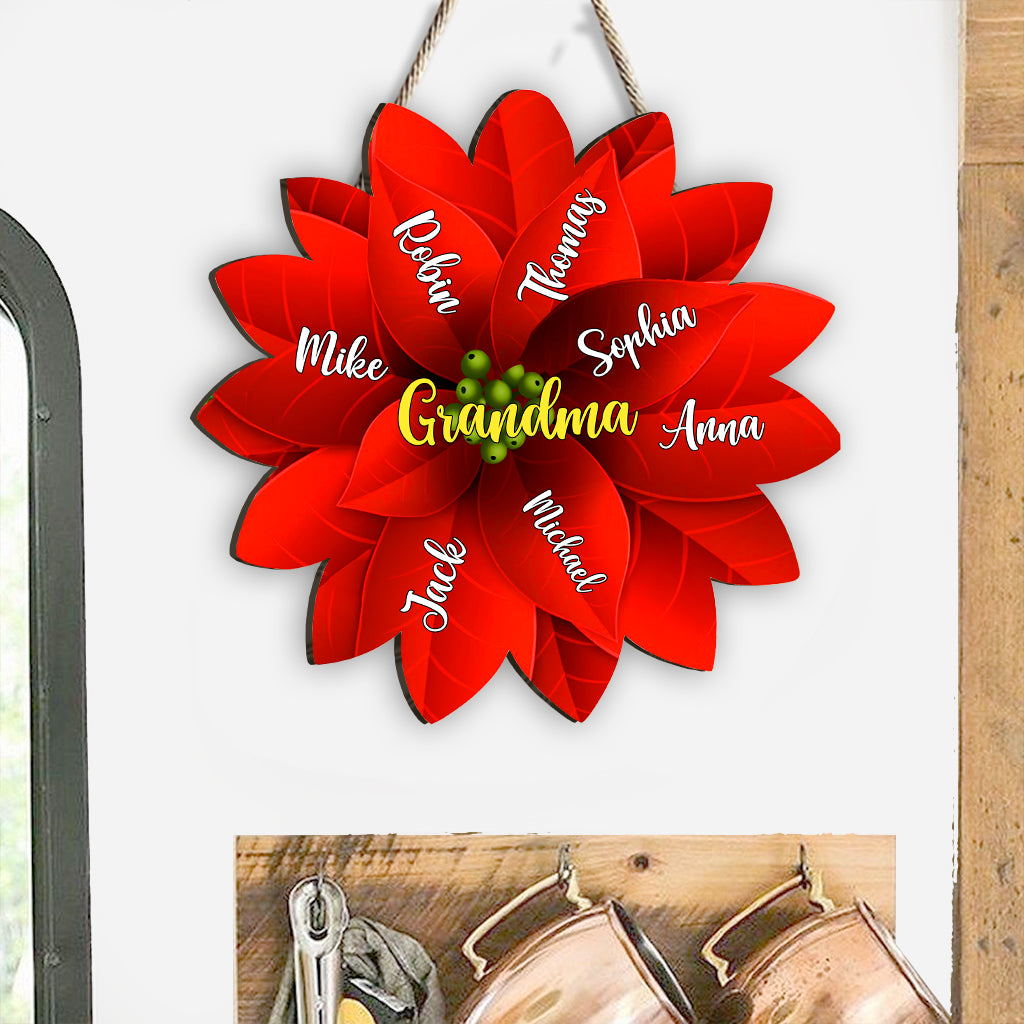 Grandma / Mama / Family Christmas Poinsettia - Gift for grandma - Personalized Custom Shaped Wood Sign
