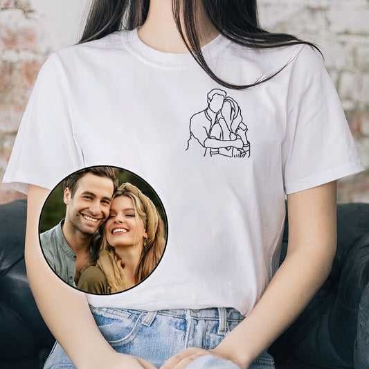 Custom Line Art - Personalized Couple Embroidered T-shirt
