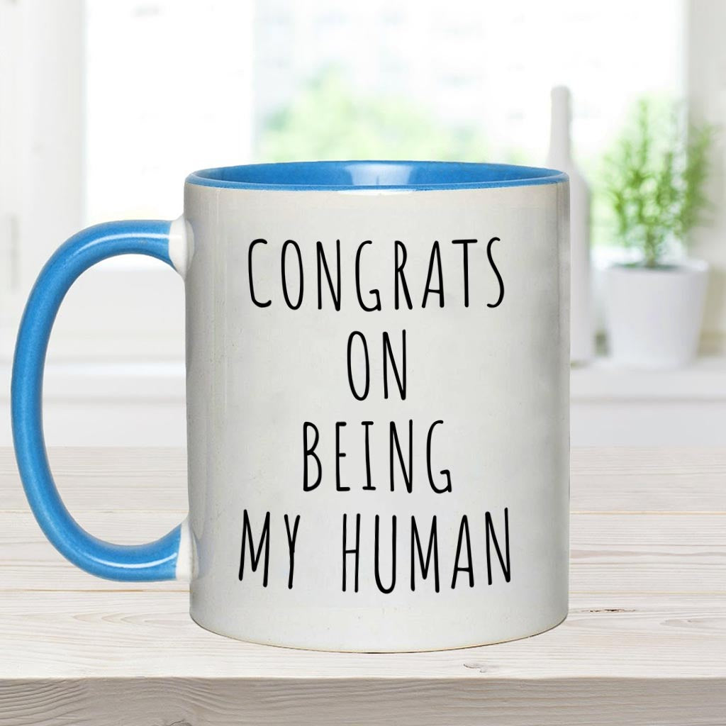 Glückwunsch, dass du mein Mensch bist – personalisierte Tasse mit Hundemotiv