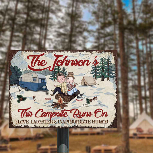 This Campsite Runs On Love Laughter - Couple Personalized Camping Rectangle Metal Sign