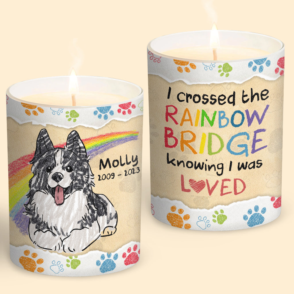 Ich habe den Regenbogen überquert – Geschenk für Hundebesitzer, die ihre Katze oder ihren Hund verloren haben – Personalisierte Kerze mit Holzdeckel
