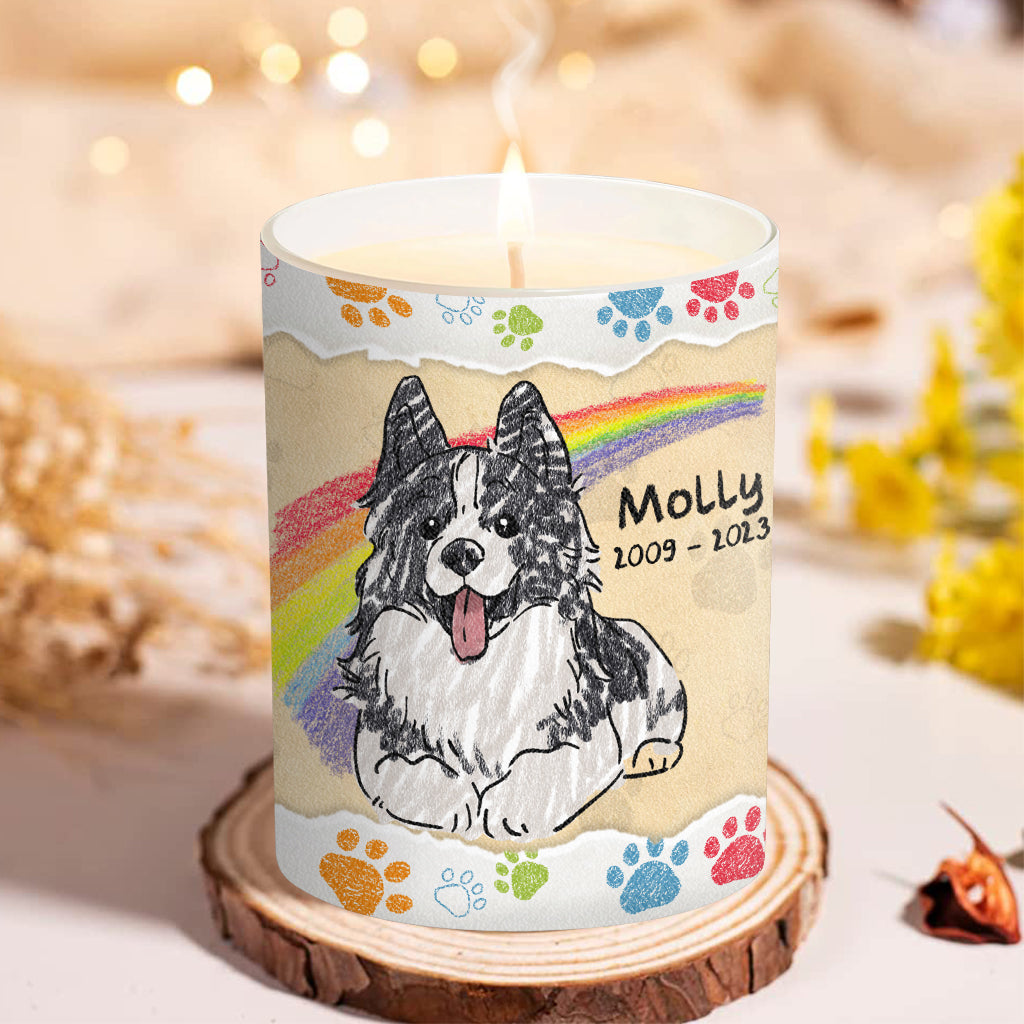 Ich habe den Regenbogen überquert – Geschenk für Hundebesitzer, die ihre Katze oder ihren Hund verloren haben – Personalisierte Kerze mit Holzdeckel