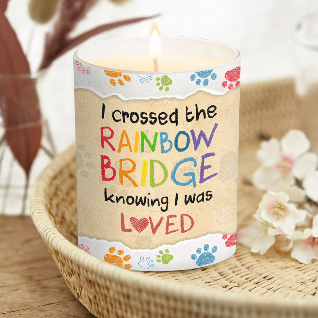 Ich habe den Regenbogen überquert – Geschenk für Hundebesitzer, die ihre Katze oder ihren Hund verloren haben – Personalisierte Kerze mit Holzdeckel