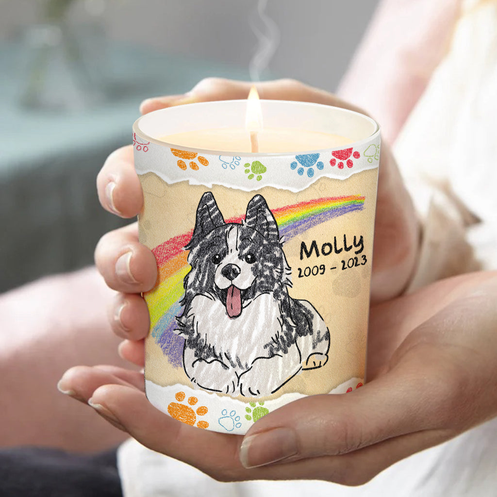 Ich habe den Regenbogen überquert – Geschenk für Hundebesitzer, die ihre Katze oder ihren Hund verloren haben – Personalisierte Kerze mit Holzdeckel