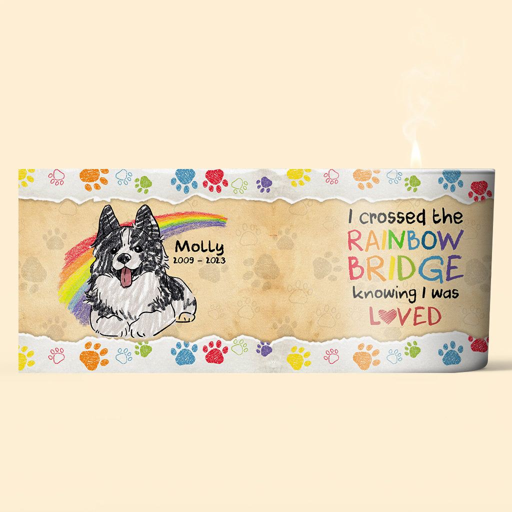 Ich habe den Regenbogen überquert – Geschenk für Hundebesitzer, die ihre Katze oder ihren Hund verloren haben – Personalisierte Kerze mit Holzdeckel