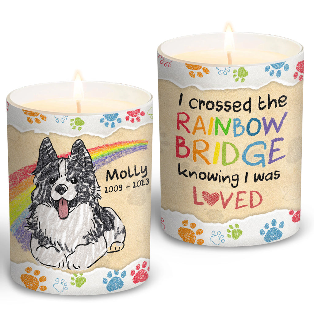 Ich habe den Regenbogen überquert – Geschenk für Hundebesitzer, die ihre Katze oder ihren Hund verloren haben – Personalisierte Kerze mit Holzdeckel