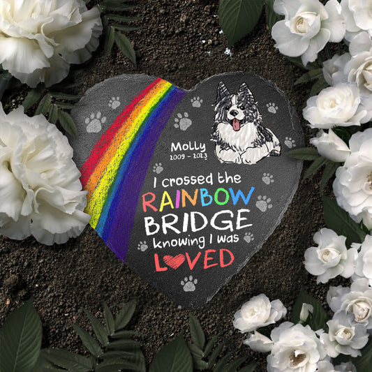 Ich habe den Regenbogen überquert – Geschenk für Hundebesitzer und Katzenbesitzer – Personalisierter herzförmiger Stein