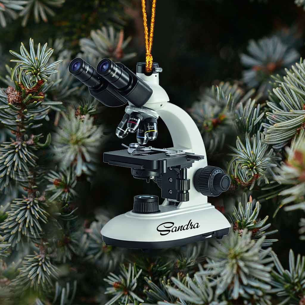 Mikroskop mit Weihnachtsbeleuchtung – personalisierter medizinisch-technischer Weihnachtsschmuck (beidseitig bedruckt)