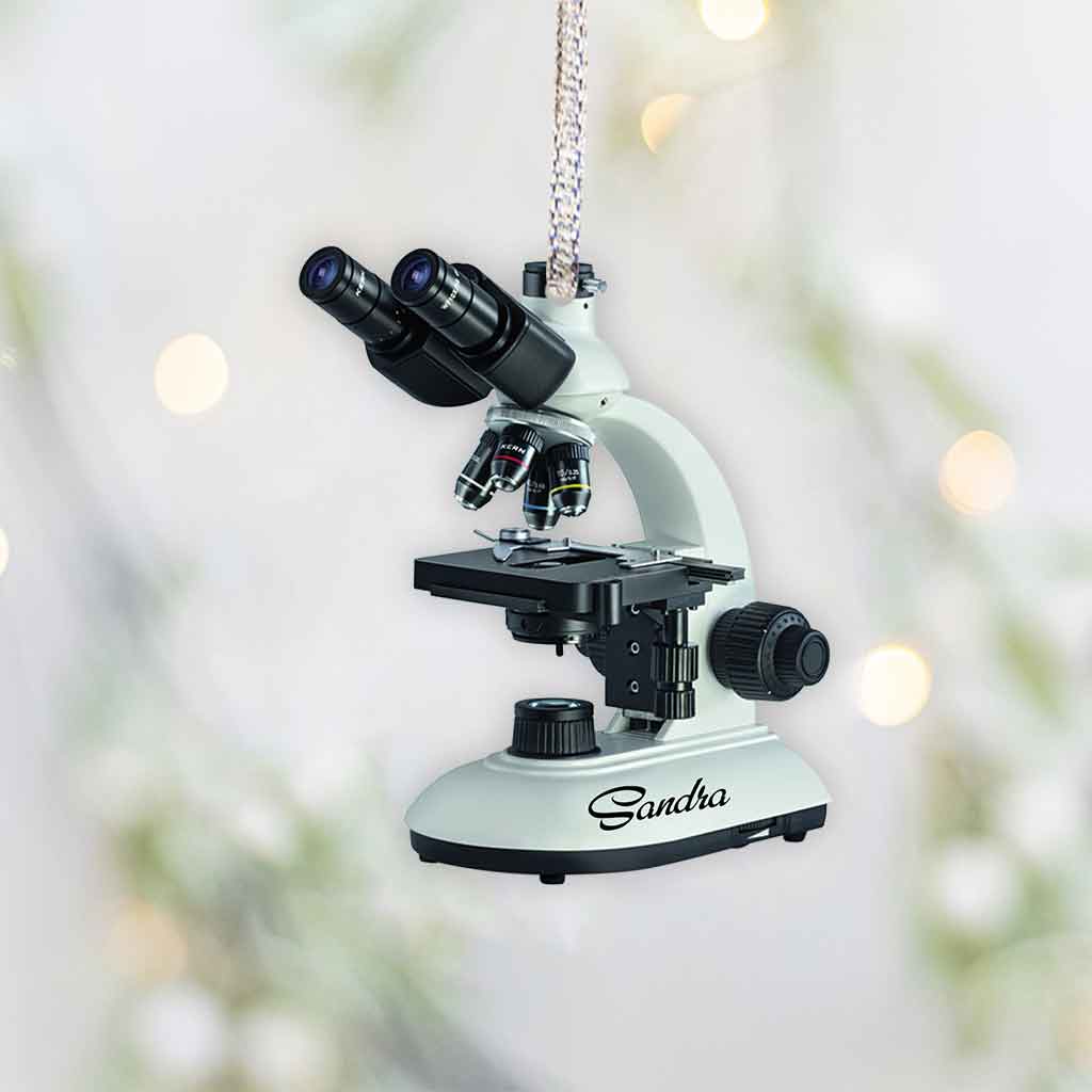 Mikroskop mit Weihnachtsbeleuchtung – personalisierter medizinisch-technischer Weihnachtsschmuck (beidseitig bedruckt)