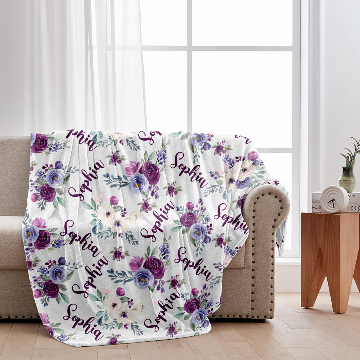 Custom Name Purple Flowers - Personalized Sibling Blanket