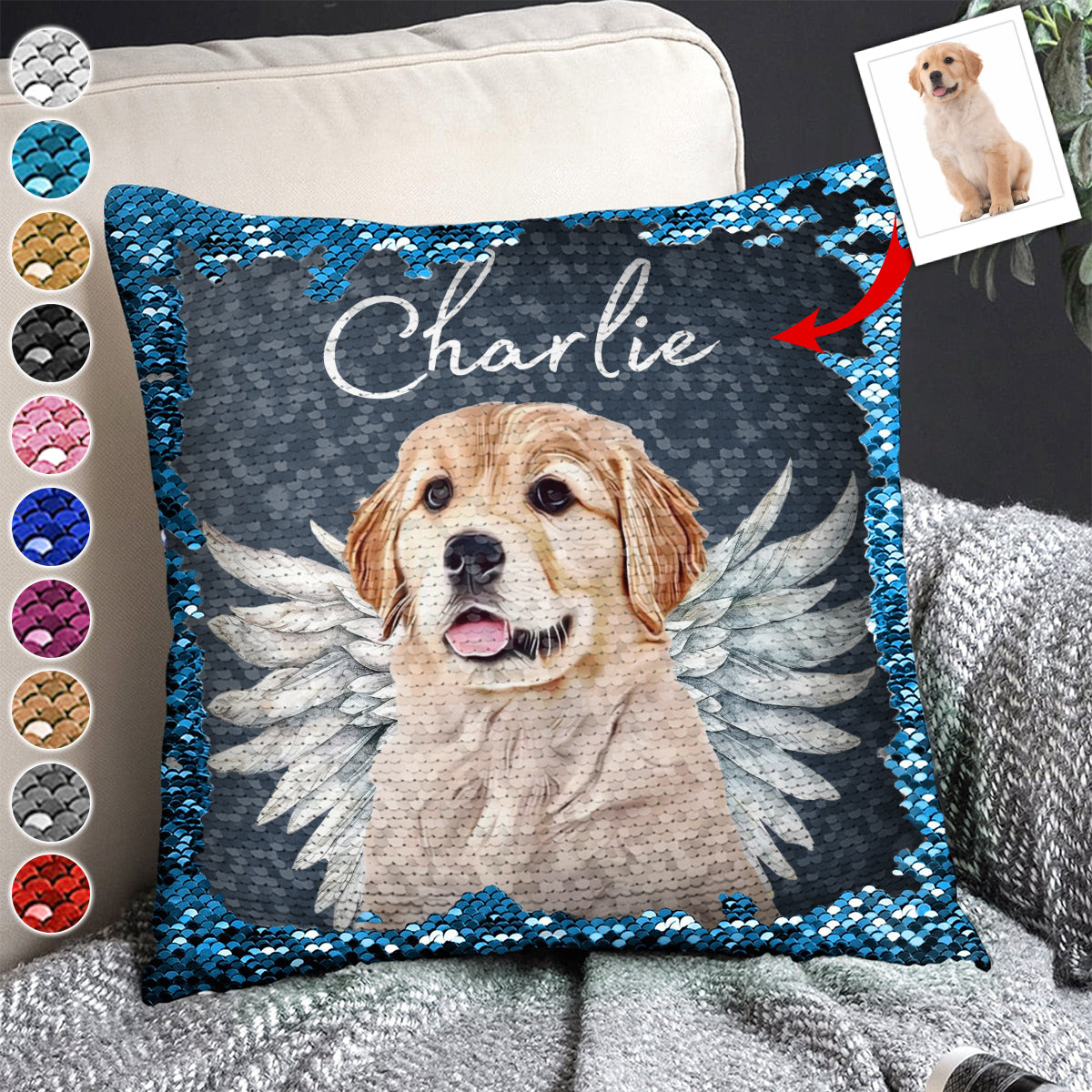 Engelsflügel für Hunde und Katzen – Geschenk für Hunde- und Katzenliebhaber, für Trauernde nach einem Hunde- oder Katzenverlust – Personalisierter Pailletten-Kissenbezug 