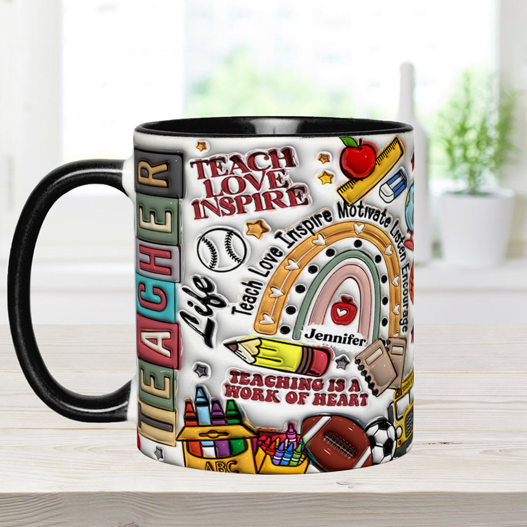 Lehren, Lieben, Inspirieren – Personalisierte Tasse mit Lehrermotiv