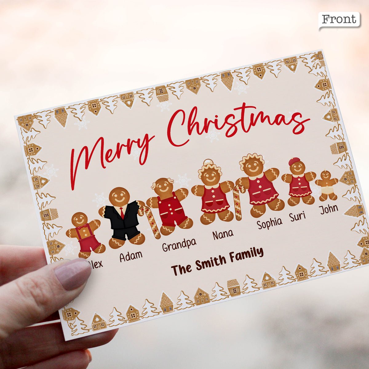Fröhliche Weihnachten, Lebkuchenfamilie – Personalisierte Familiengrußkarte